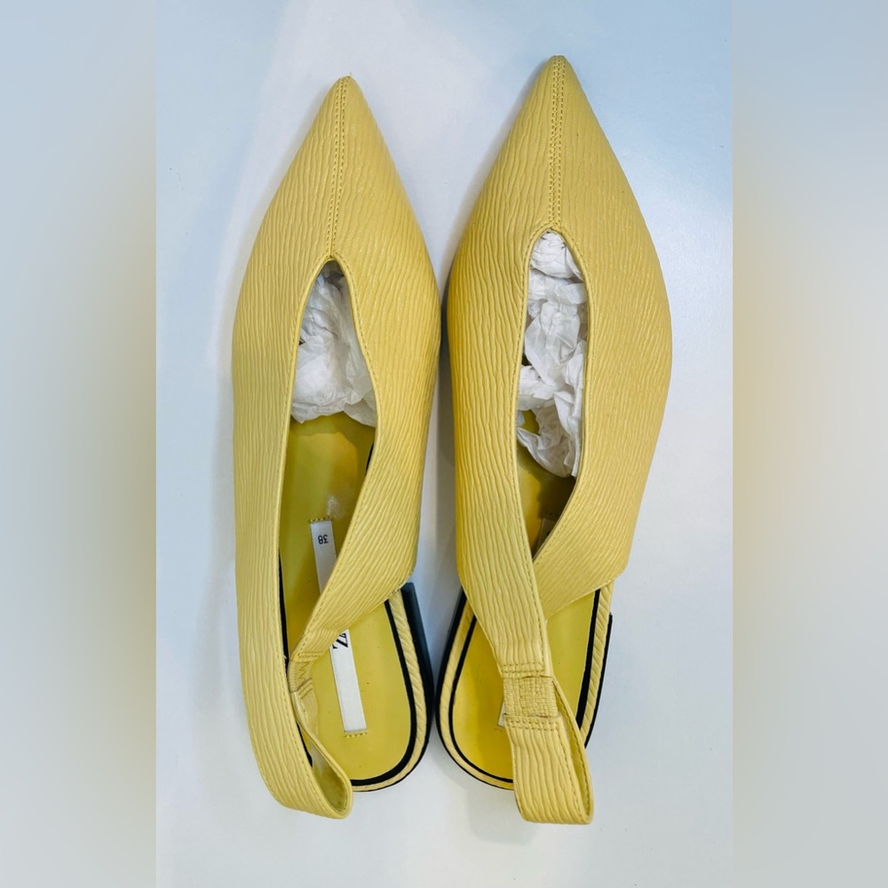 Zara Yellow Pointed Toe Slingback Low Heel Textured Flats Size 7.5 (EU 38) - Picture 4 of 11